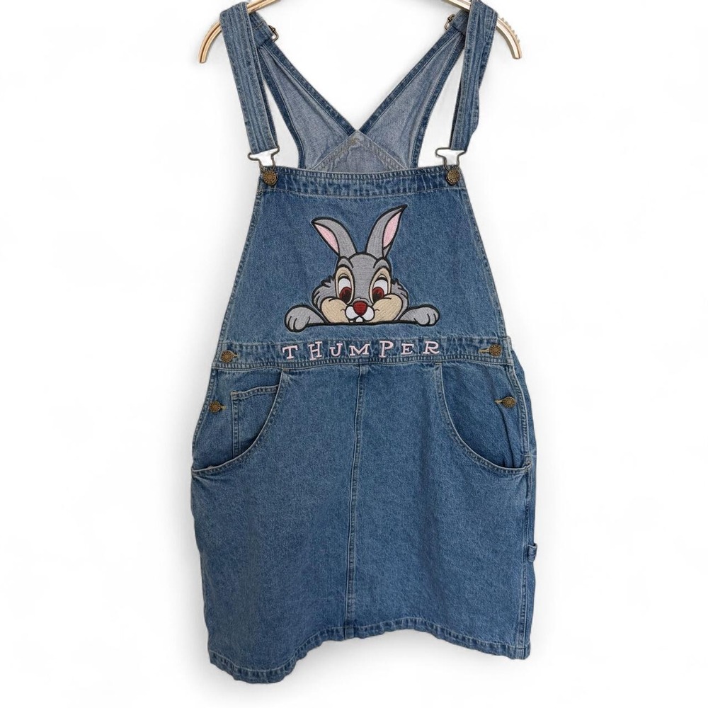 Vintage Cottagecore Disney Bambi Thumper Embroidered Denim Overall Dress